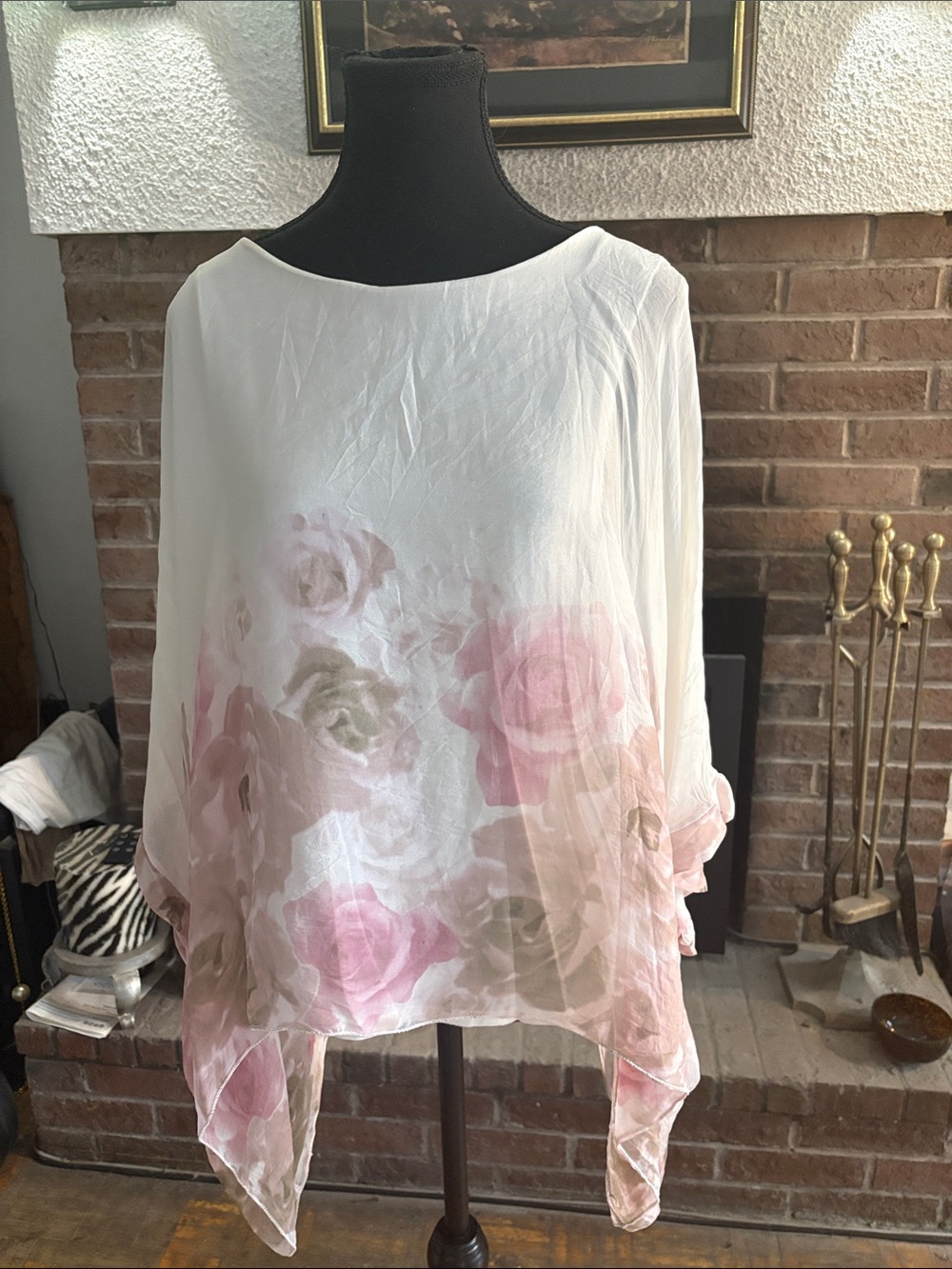White Sheer Floral Pullover Tunic with Pink Rose Print